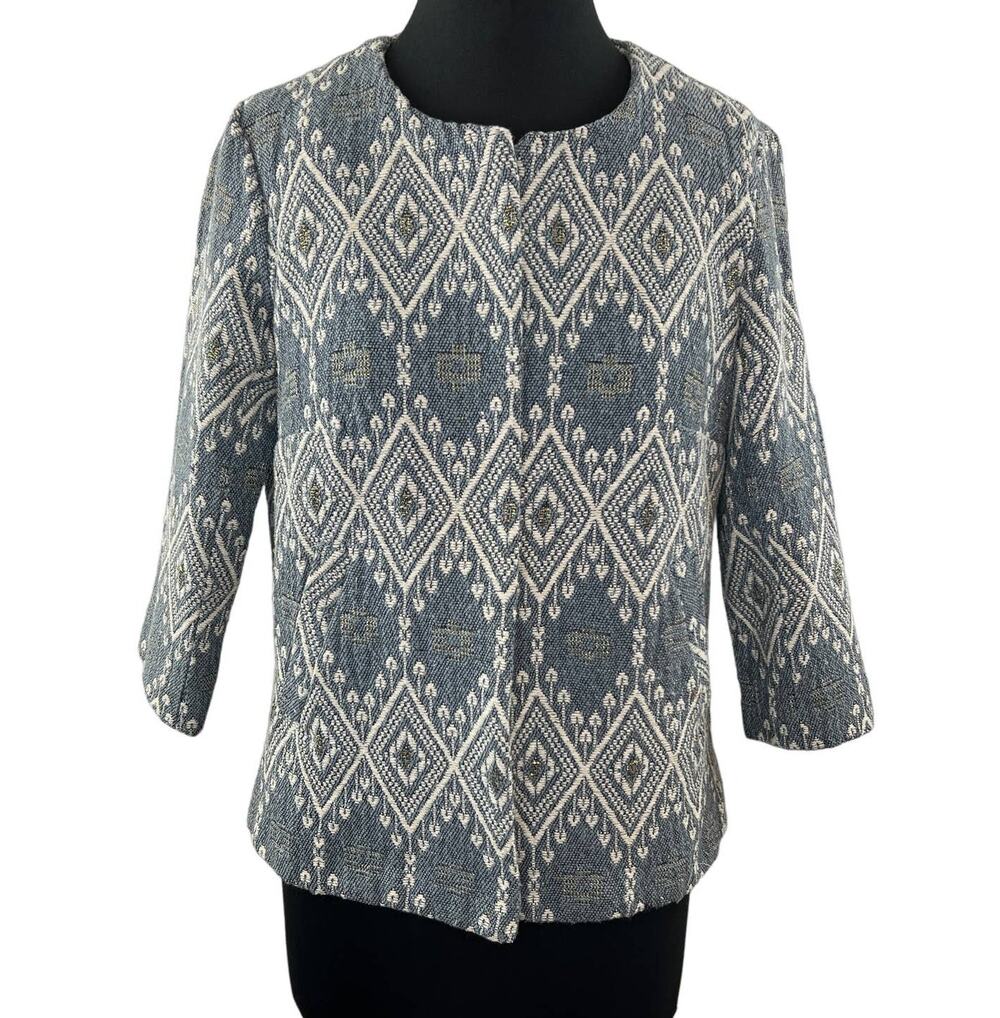 MNG by Mango Suit Collection Blue Tweed Aztec 3/4 Sleeve Short Blazer Jacket M